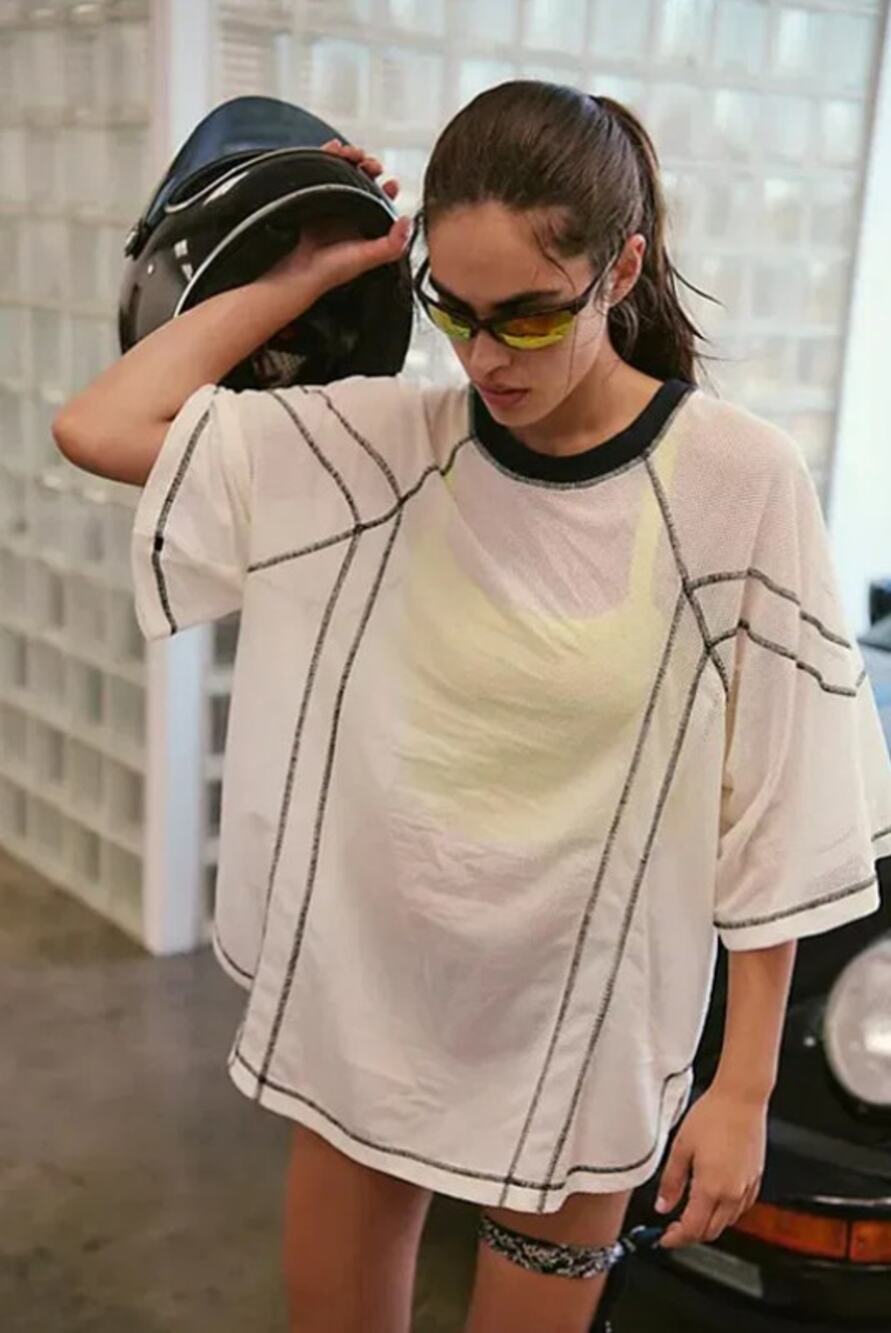 Free People Movement Toss Up Mesh Tunic Tee in White / Black, Size Large